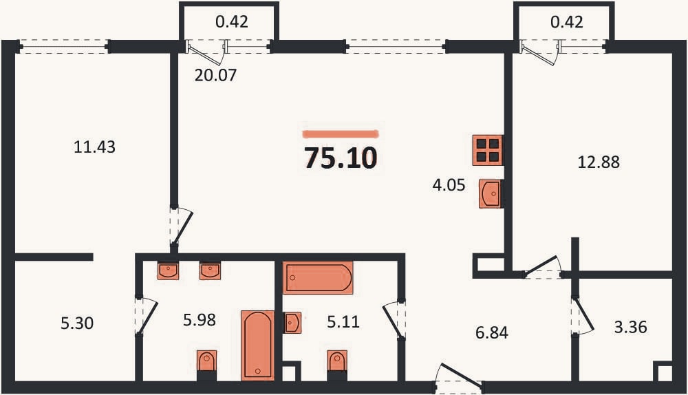 Планировка: 2-к, 75,1 м²