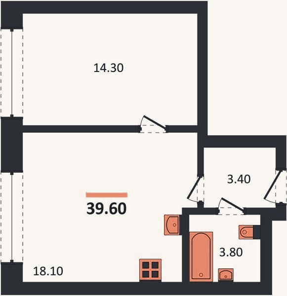 Планировка: 1-к, 39,6 м²