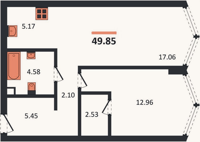 Планировка: 1-к, 49,9 м²