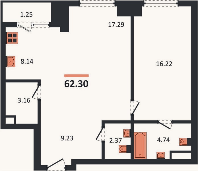 Планировка: 1-к, 62,3 м²