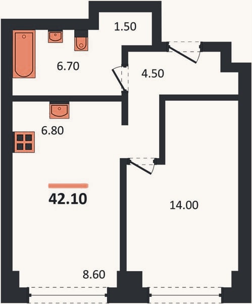 Планировка: 1-к, 42,1 м²