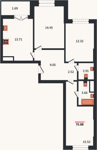 Планировка: 3-к, 75,9 м²
