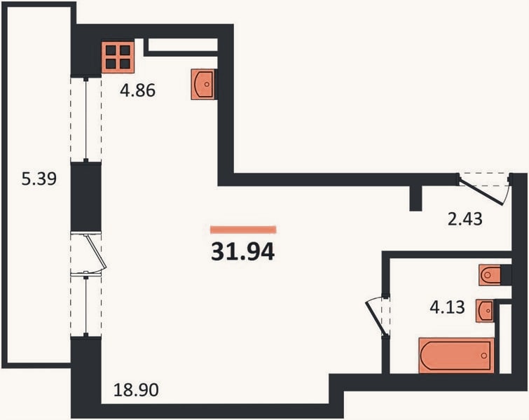 Планировка: Студия, 30,3 м²