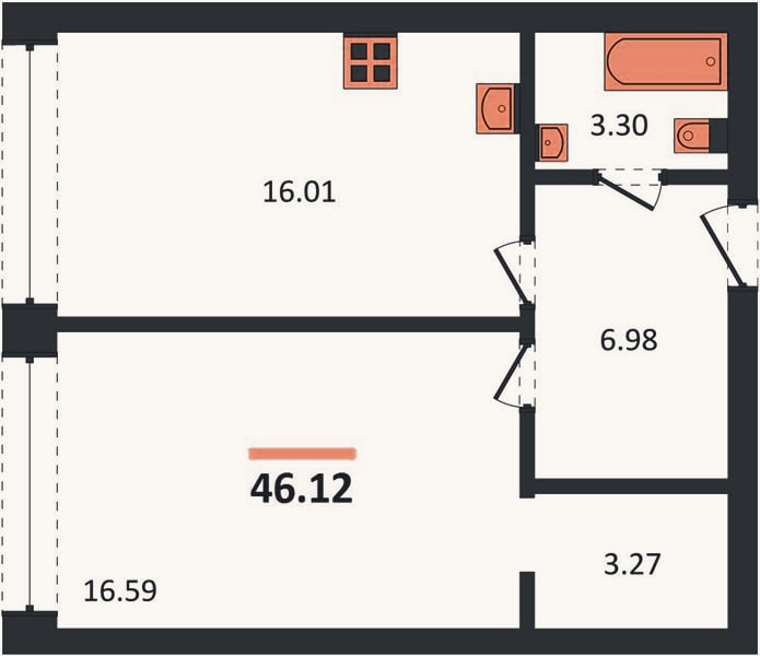 Планировка: 1-к, 46,1 м²