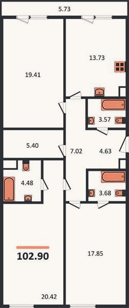Планировка: 3-к, 102,9 м²