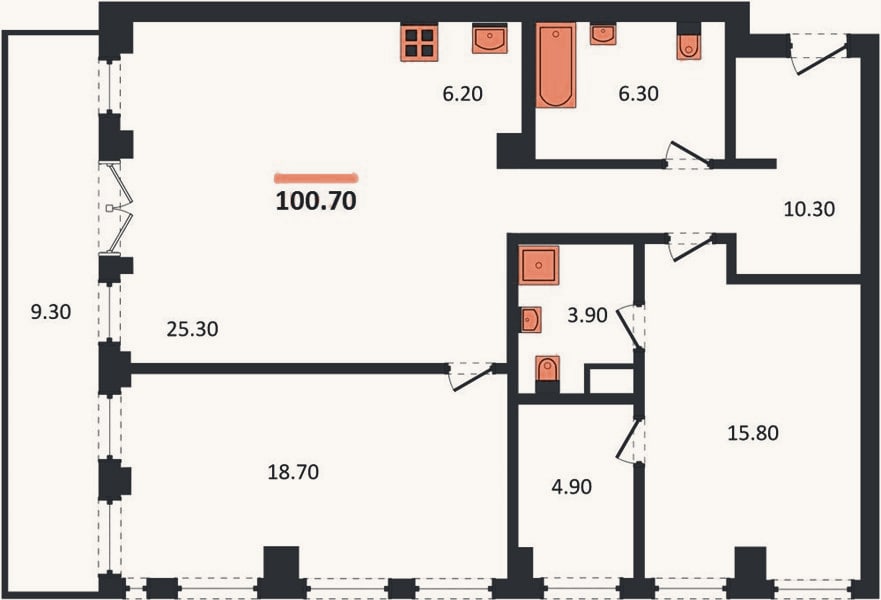 Планировка: 2-к, 100,7 м²