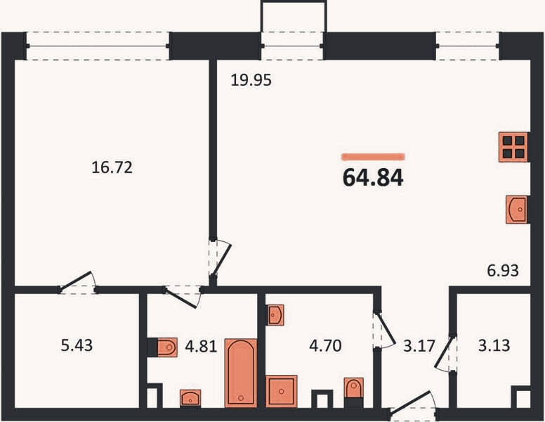 Планировка: 1-к, 64,8 м²