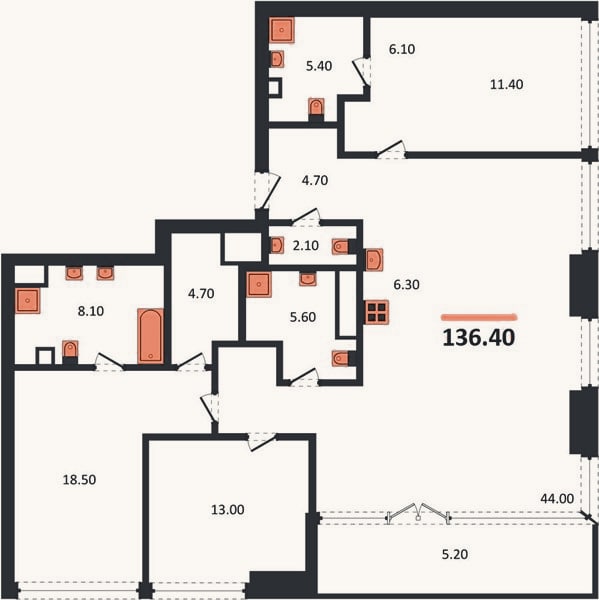 Планировка: 3-к, 136,4 м²