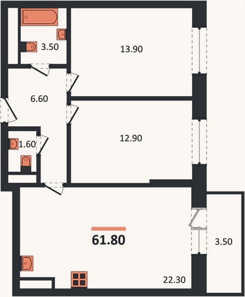 Планировка: 2-к, 63,4 м²