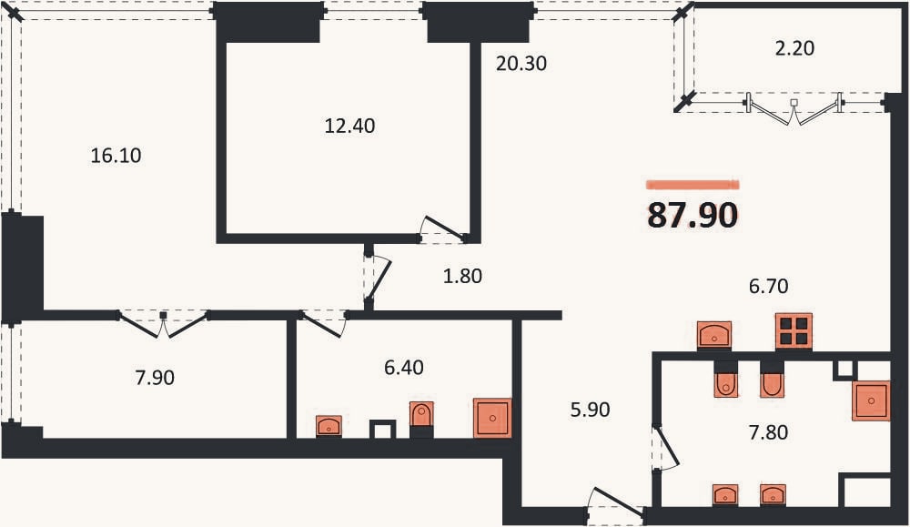 Планировка: 2-к, 87,9 м²