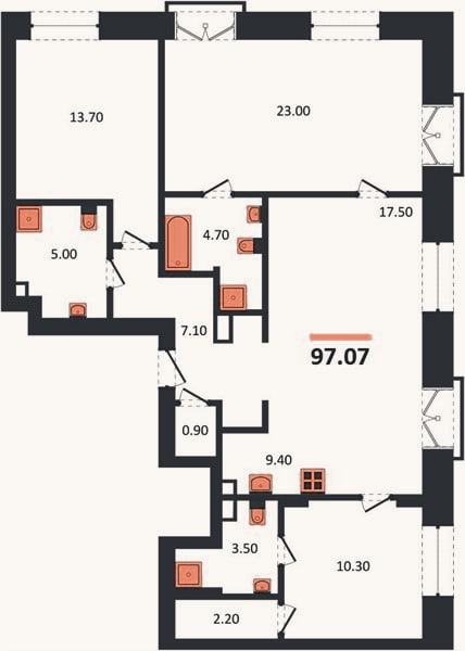 Планировка: 3-к, 97,1 м²