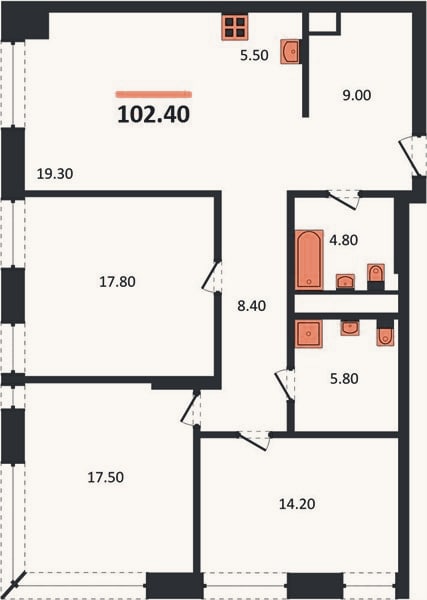 Планировка: 3-к, 102,4 м²