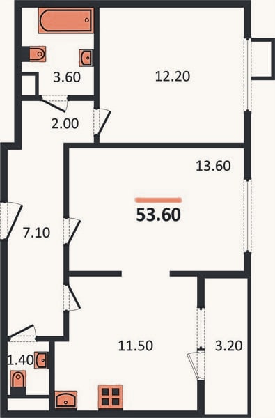 Планировка: 2-к, 53,6 м²