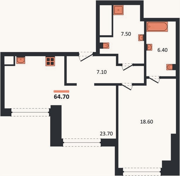 Планировка: 1-к, 64,7 м²