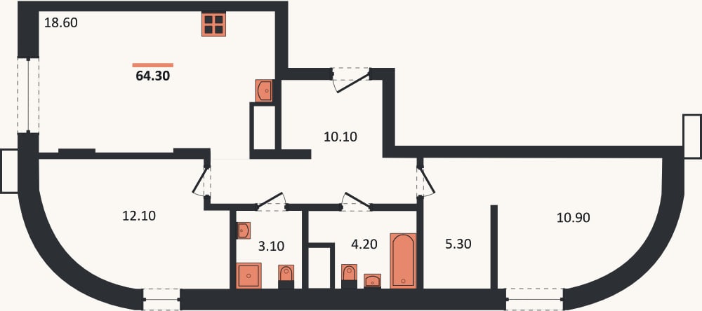 Планировка: 2-к, 64,3 м²