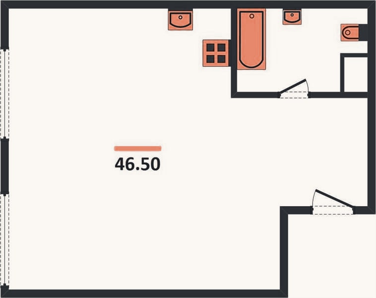 Планировка: 1-к, 46,5 м²