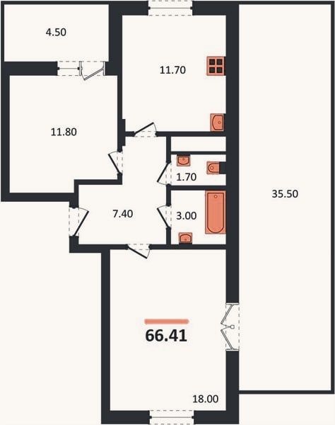 Планировка: 2-к, 66,4 м²