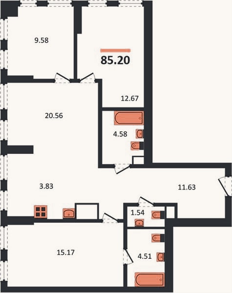 Планировка: 3-к, 85,2 м²