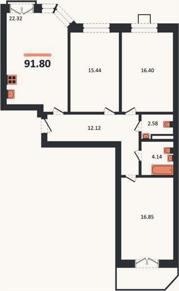 Планировка: 3-к, 91,8 м²