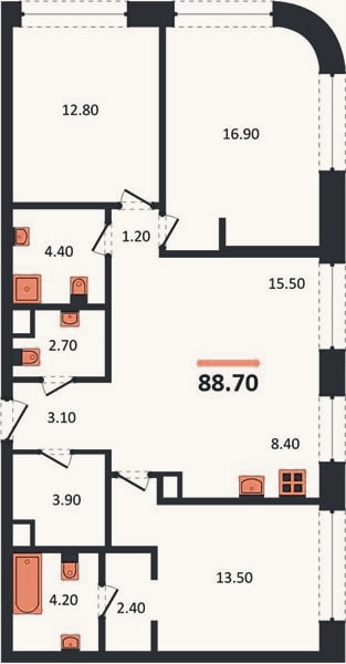 Планировка: 3-к, 88,7 м²