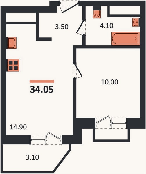 Планировка: 1-к, 34,1 м²