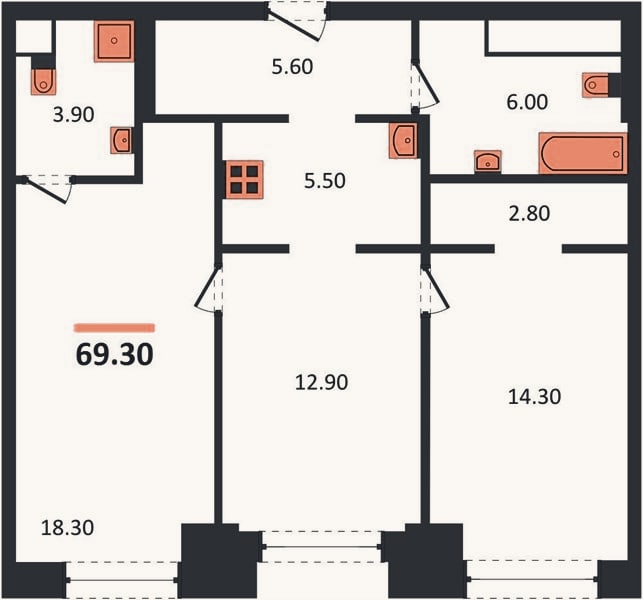 Планировка: 2-к, 69,3 м²