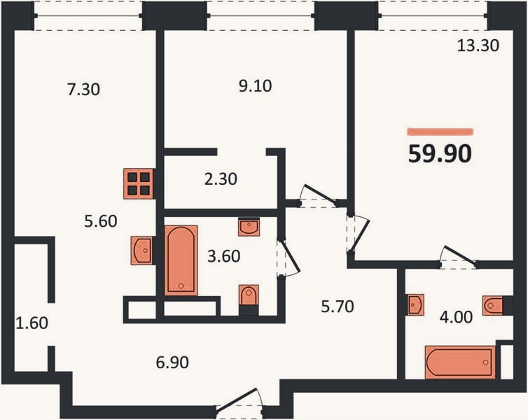 Планировка: 2-к, 59,9 м²
