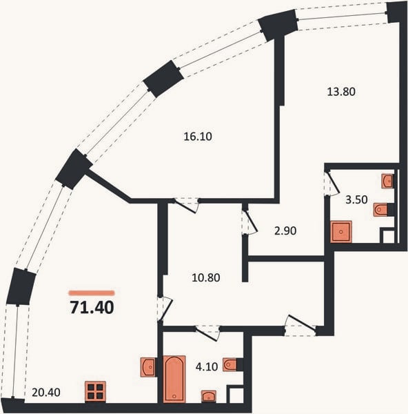 Планировка: 2-к, 71,4 м²