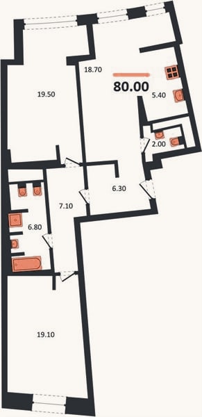 Планировка: 2-к, 80 м²