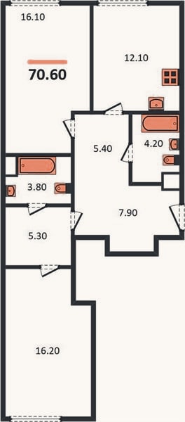 Планировка: 2-к, 70,6 м²