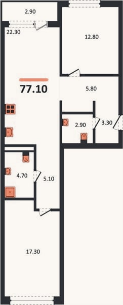 Планировка: 2-к, 77,1 м²