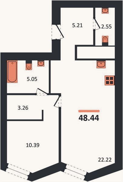 Планировка: 1-к, 48,4 м²