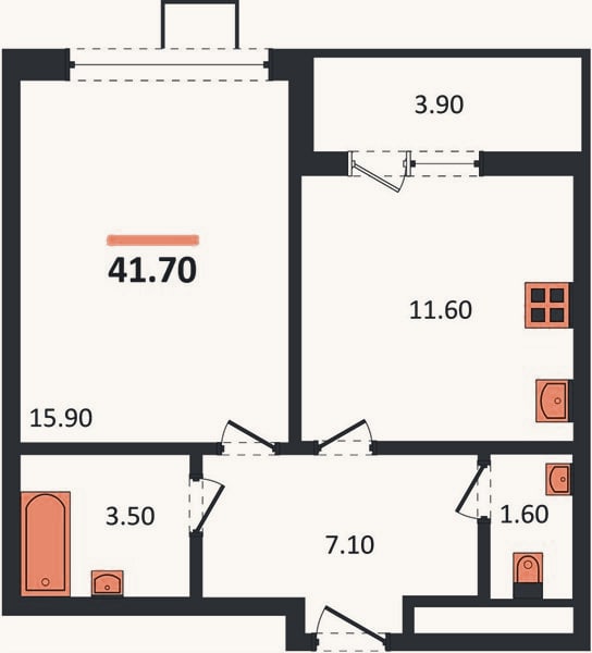 Планировка: 1-к, 41,7 м²