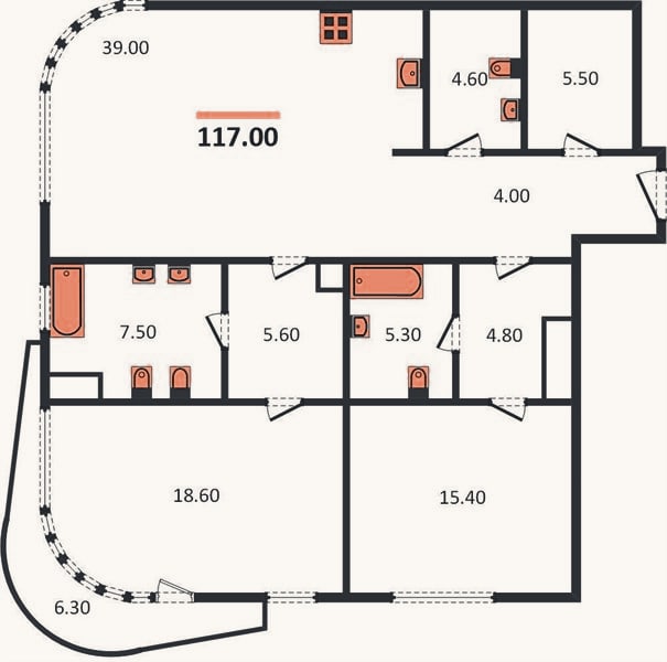 Планировка: 2-к, 117 м²