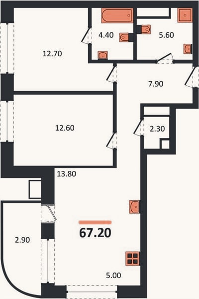 Планировка: 2-к, 67,2 м²