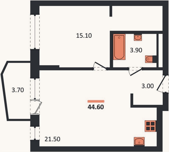 Планировка: 1-к, 44,6 м²