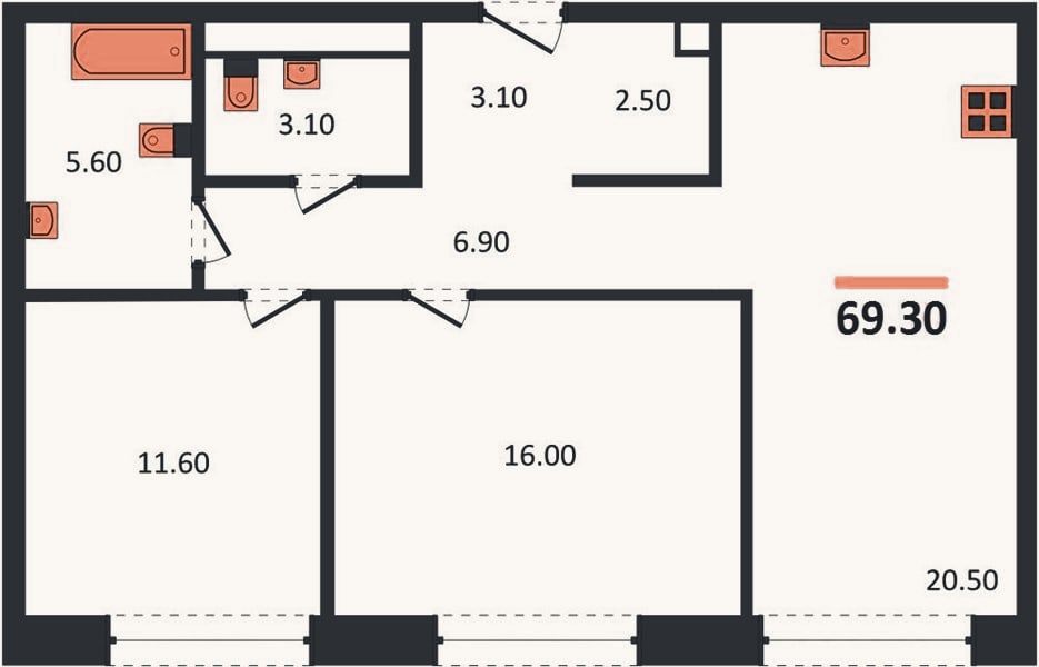 Планировка: 2-к, 69,3 м²