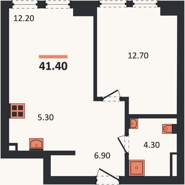 Планировка: 1-к, 41,4 м²