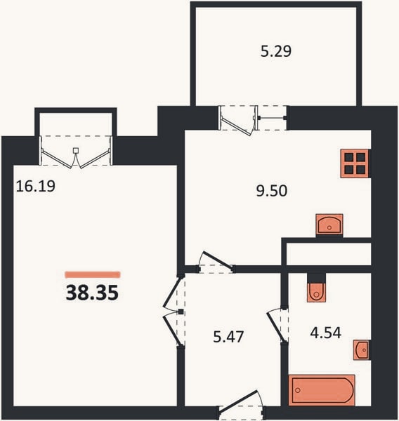 Планировка: 1-к, 38,4 м²