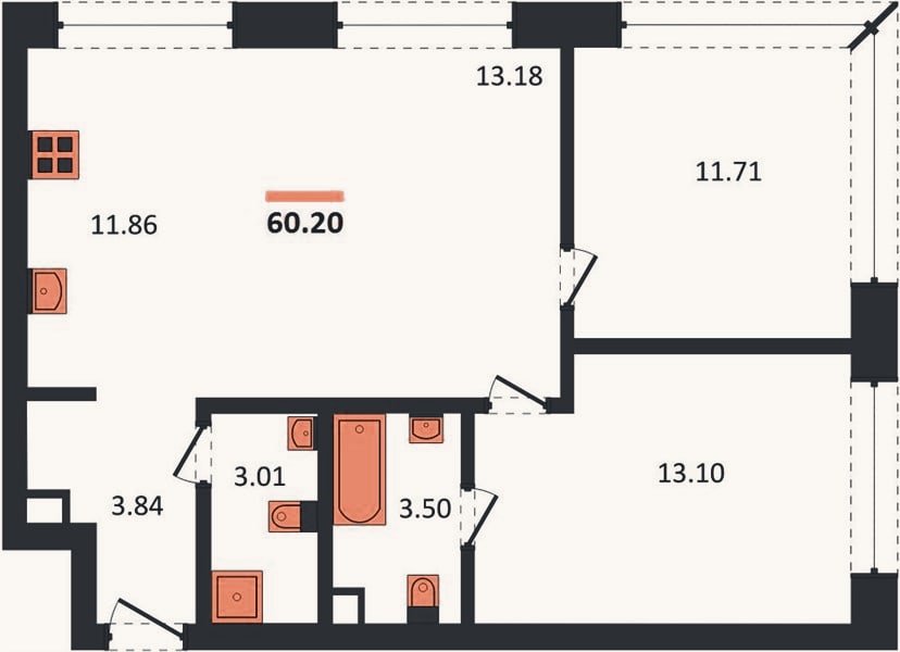 Планировка: 2-к, 60,2 м²