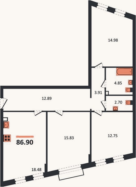 Планировка: 3-к, 86,9 м²