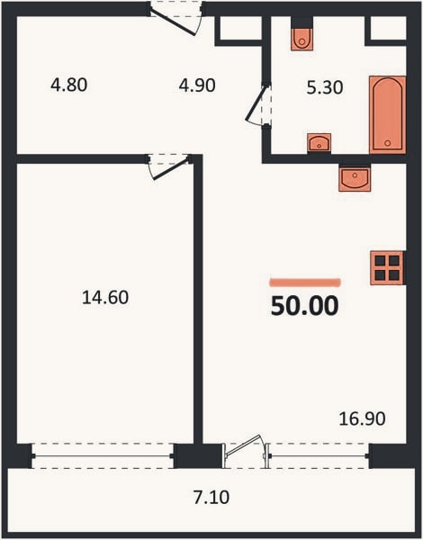 Планировка: 1-к, 50 м²