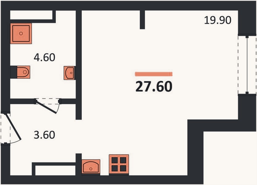 Планировка: Студия, 27,6 м²