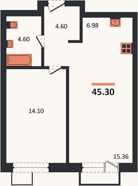 Планировка: 1-к, 45,3 м²