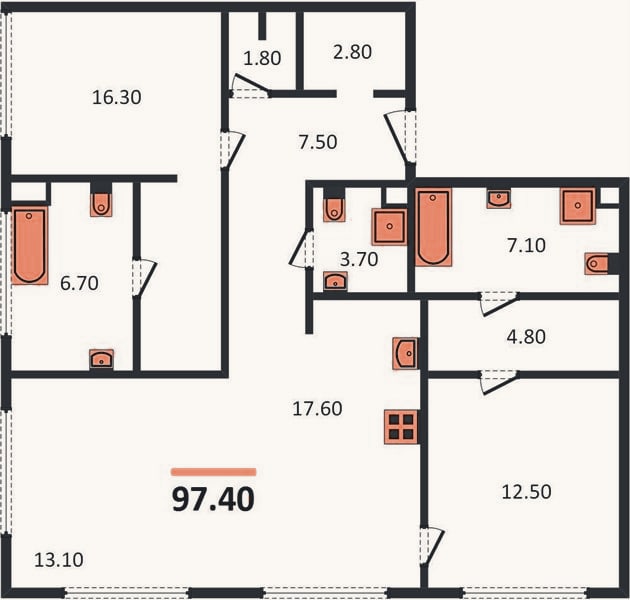 Планировка: 2-к, 97,4 м²