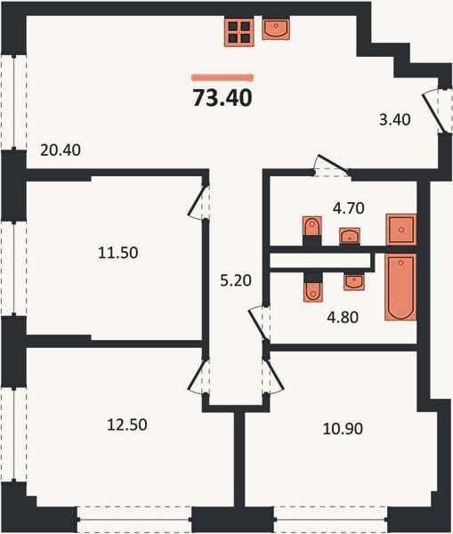 Планировка: 3-к, 73,4 м²