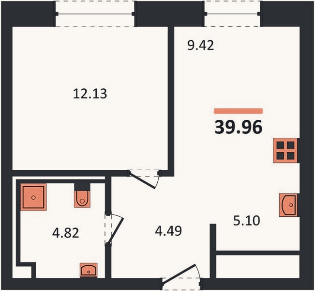 Планировка: 1-к, 40 м²