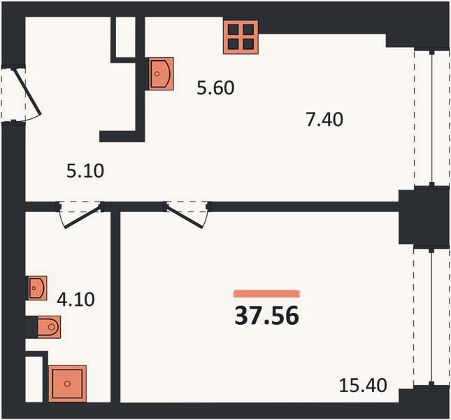 Планировка: 1-к, 37,6 м²