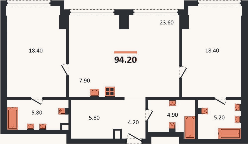 Планировка: 2-к, 94,2 м²