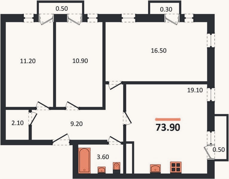 Планировка: 3-к, 73,9 м²